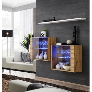 Ensemble meubles de salon SWITCH SBIII design, coloris chêne Wotan et porte vitrée avec système LED intégré, étagère blanche.
