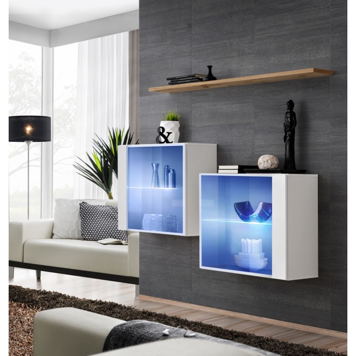 Ensemble meubles de salon SWITCH SBIII, coloris blanc brillant et porte vitrée avec système LED intégré, étagère chêne Wotan.
