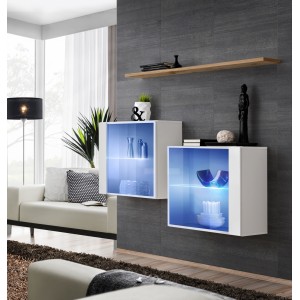 Ensemble meubles de salon SWITCH SBIII, coloris blanc brillant et porte vitrée avec système LED intégré, étagère chêne Wotan.
