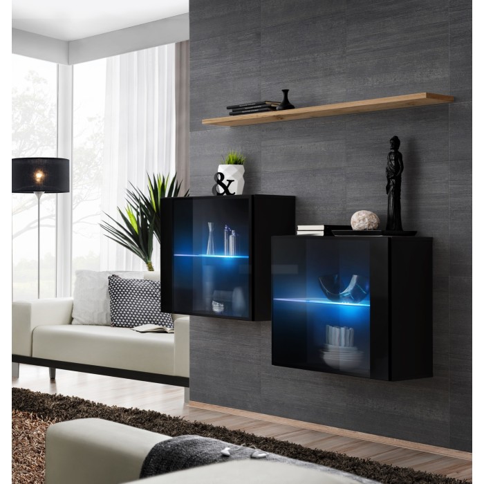 Ensemble meubles de salon SWITCH SBIII, coloris noir brillant et porte vitrée avec système LED intégré, étagère chêne Wotan.