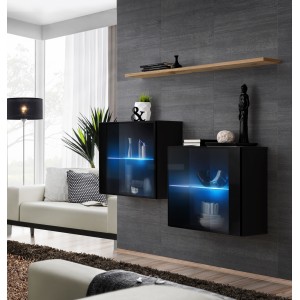 Ensemble meubles de salon SWITCH SBIII, coloris noir brillant et porte vitrée avec système LED intégré, étagère chêne Wotan.