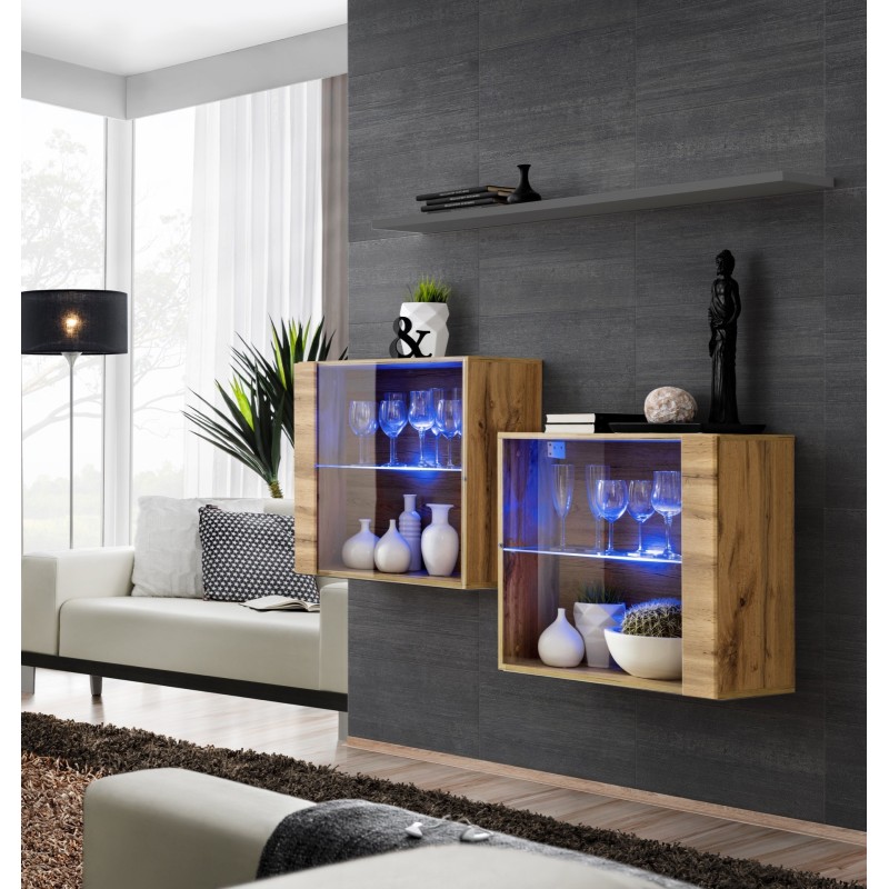 Ensemble meubles de salon SWITCH SBIII, coloris chêne Wotan et porte vitrée avec système LED intégré, étagère grise.