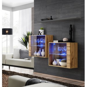 Ensemble meubles de salon SWITCH SBIII, coloris chêne Wotan et porte vitrée avec système LED intégré, étagère grise.
