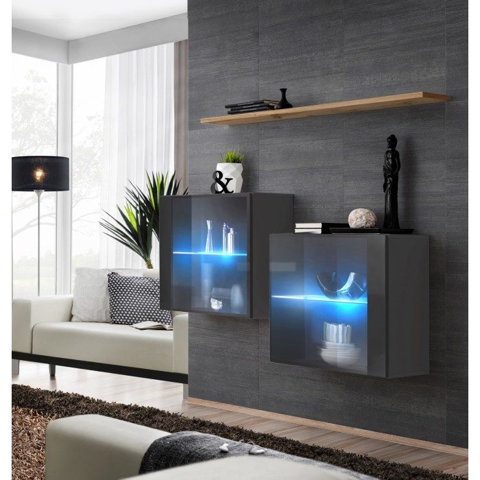 Ensemble meubles de salon SWITCH SBII, coloris gris brillant et porte vitrée avec système LED intégré, étagère chêne Wotan.
