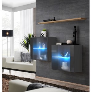 Ensemble meubles de salon SWITCH SBII, coloris gris brillant et porte vitrée avec système LED intégré, étagère chêne Wotan.