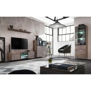 ENSEMBLE MEUBLES DE SALON KAN composé de trois meubles et d'une étagère de style industriel.