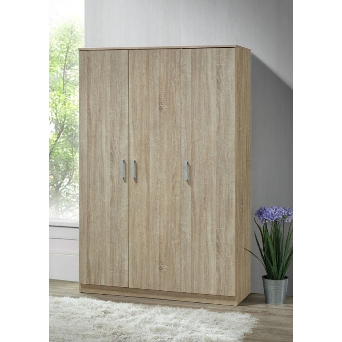 Armoire\Garde robe BARTIN, 3 portes, contemporaine chêne Sonoma et poignées grises.