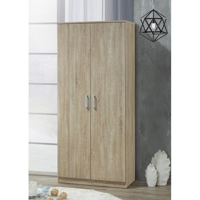 Armoire \ Garde robe SAVIS, 2 portes, contemporaine chêne Sonoma et poignées grises.
