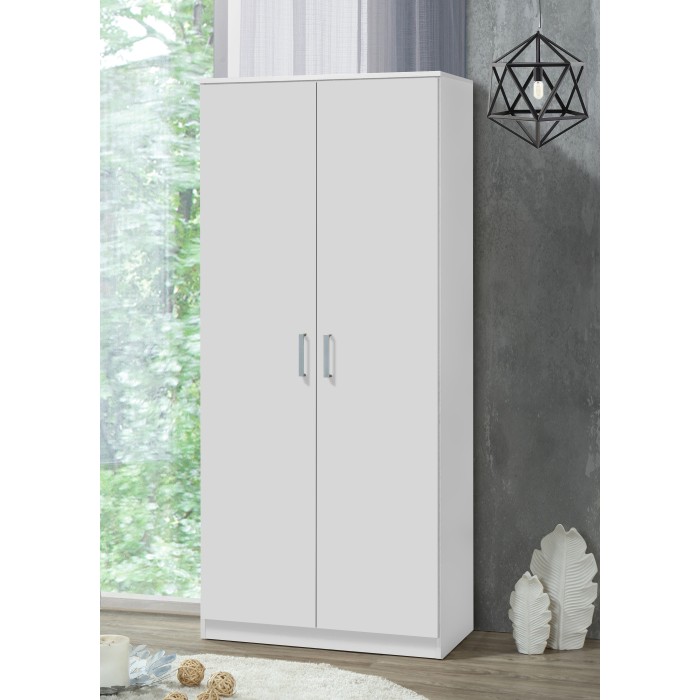 Armoire\Garde robe PONIS, 2 portes, contemporaine blanche et poignées grises.