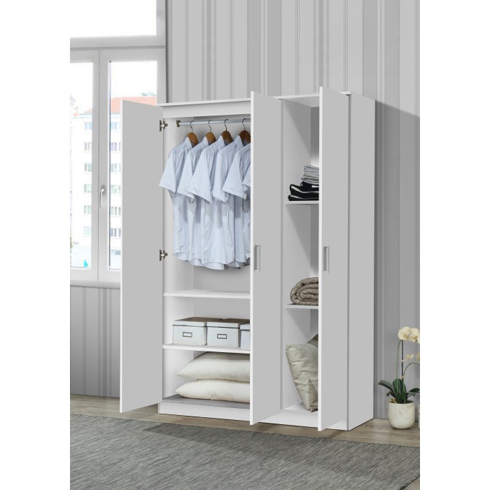Armoire\Garde robe BURDUR, 3 portes, contemporaine blanche et poignées grises.