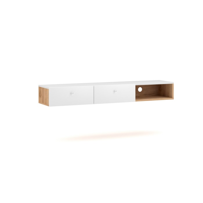 Console murale design RULIA, 140 cm, 2 tiroirs et 1 niche. Coloris chêne et blanc