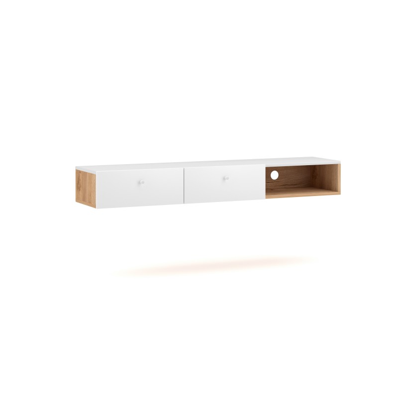 Console murale design RULIA, 140 cm, 2 tiroirs et 1 niche. Coloris chêne et blanc Console murale design RULIA, 140 cm, 2 tiroirs et 1 niche. Coloris chêne et blanc