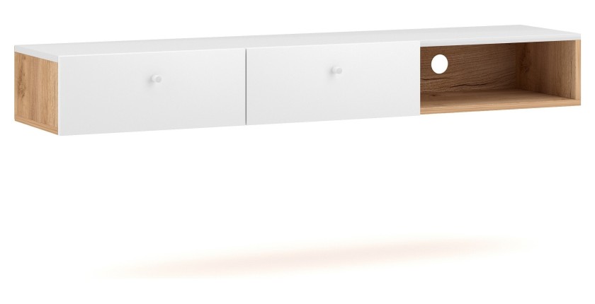 Console murale design RULIA, 140 cm, 2 tiroirs et 1 niche. Coloris chêne et blanc