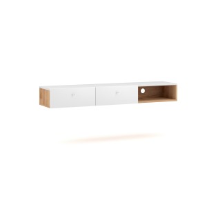 Console murale design RULIA, 140 cm, 2 tiroirs et 1 niche. Coloris chêne et blanc