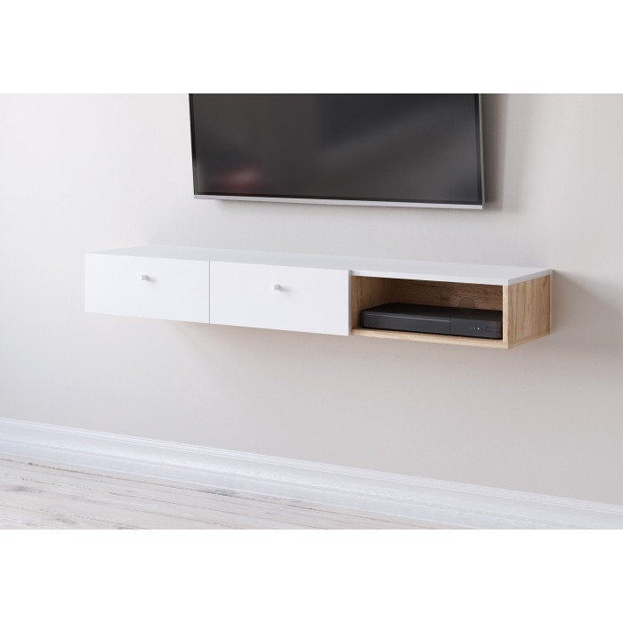 Console murale design RULIA, 140 cm, 2 tiroirs et 1 niche. Coloris chêne et blanc