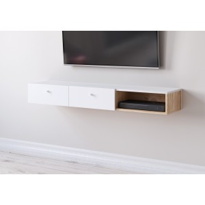 Console murale design RULIA, 140 cm, 2 tiroirs et 1 niche. Coloris chêne et blanc