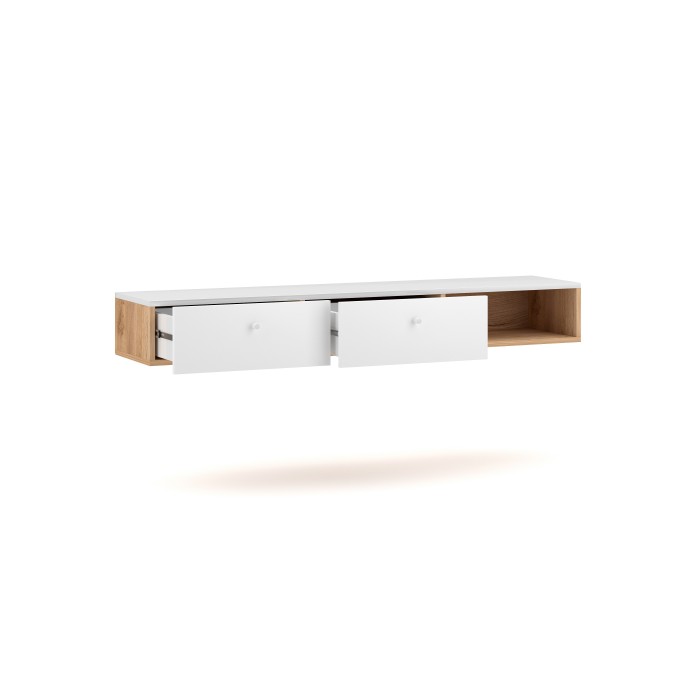 Console murale design RULIA, 140 cm, 2 tiroirs et 1 niche. Coloris chêne et blanc