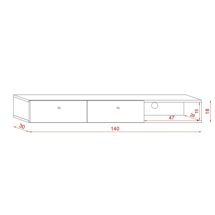 Console murale design RULIA, 140 cm, 2 tiroirs et 1 niche. Coloris chêne et blanc