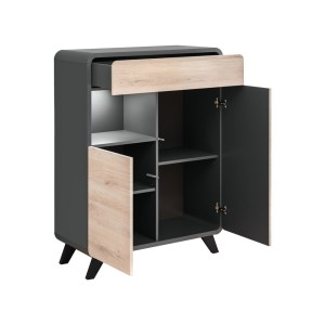 Vaisselier modèle bas avec LED intégrées collection OASIS. Coloris gris anthracite et bois.