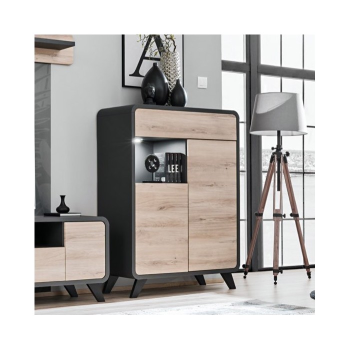 Vaisselier modèle bas avec LED intégrées collection OASIS. Coloris gris anthracite et bois.