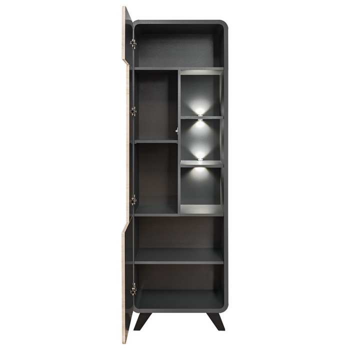Vitrine haute avec LED collection OASIS. Coloris gris et bois. Meuble design idéal pour votre salle à manger
