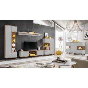 Vitrine haute collection CORDOBA. Coloris gris perle et bois. Meuble design.