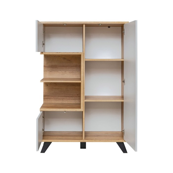 Vitrine basse collection CORDOBA 3 portes avec 2 niches apparentes. Coloris gris et bois. Meuble design