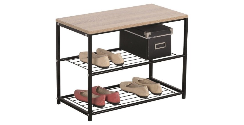 Meuble à chaussures pour votre entrée ROBBY2, 2 niveaux, métal noir et plateau coloris bois