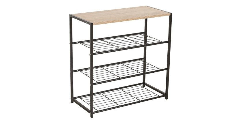 Meuble à chaussures pour votre entrée ROBBY3, 3 niveaux, métal noir et plateau coloris bois