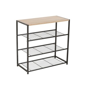 Meuble à chaussures pour votre entrée ROBBY3, 3 niveaux, métal noir et plateau coloris bois