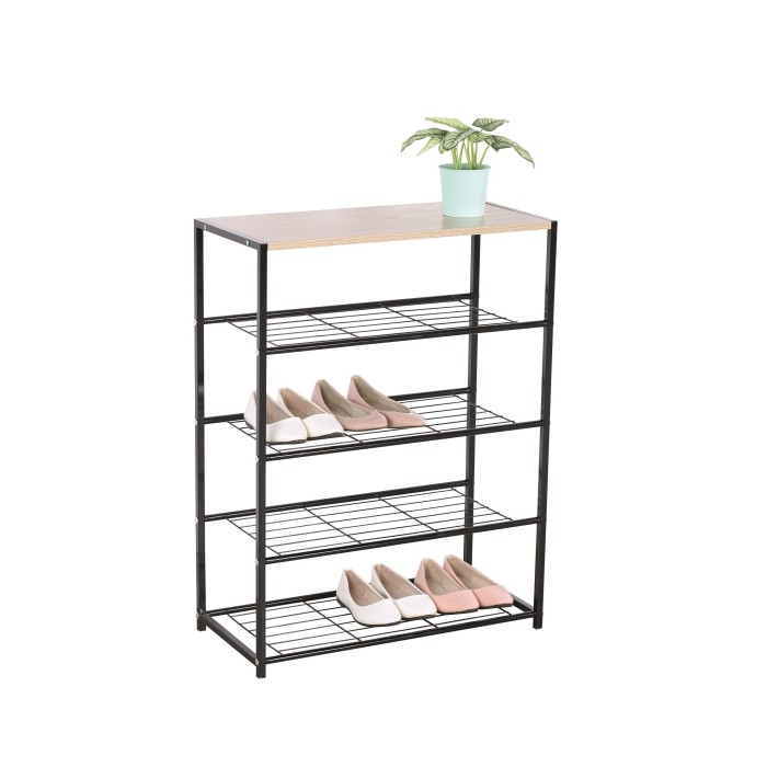 Meuble à chaussures pour votre entrée ROBBY4, 4 niveaux, métal noir et plateau coloris bois