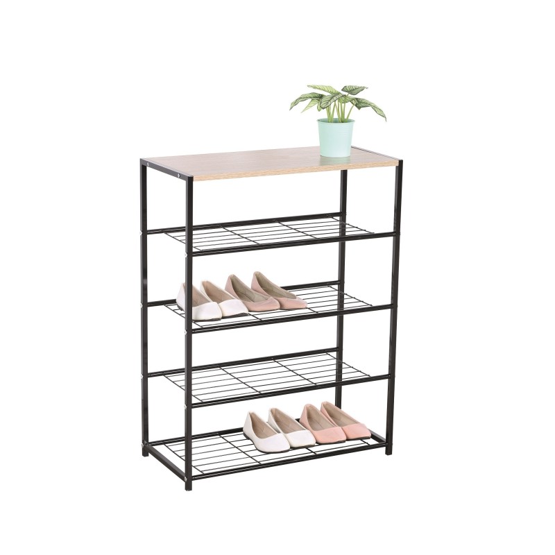 Meuble à chaussures pour votre entrée ROBBY4, 4 niveaux, métal noir et plateau coloris bois