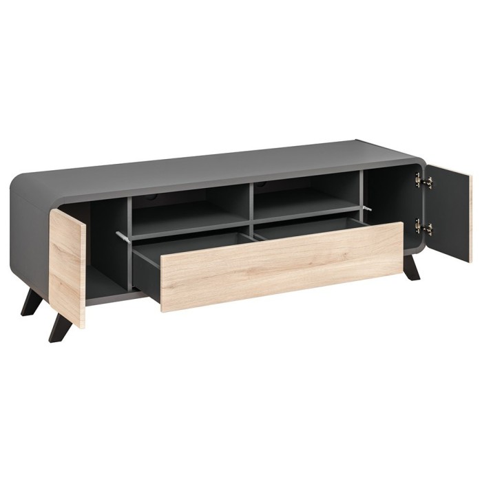 Meuble TV 160 Collection OASIS. Nombreux rangements. Coloris gris anthracite et bois. Style design.