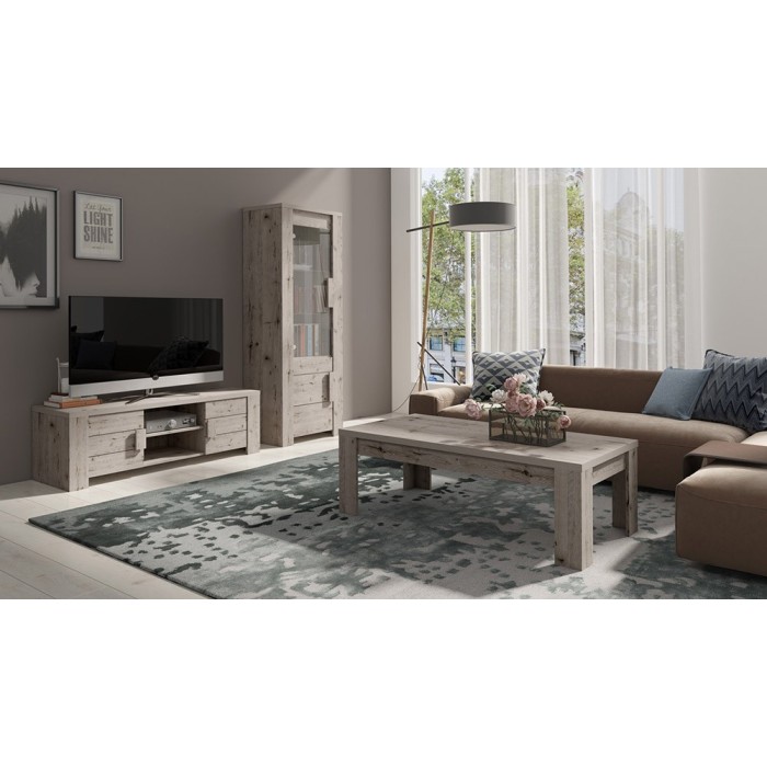 Meuble tv design AMEK couleur chêne. Idéal pour poser votre télévision et meubler votre salon. Deux portes, deux niches