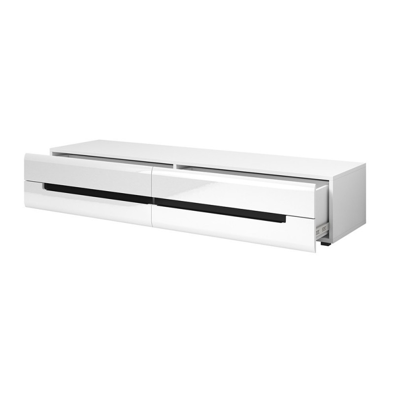 Meuble TV 180cm Collection LUCIA. 2 tiroirs, coloris blanc, façades brillantes. Style design.