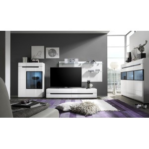 Meuble TV 180cm Collection LUCIA. 2 tiroirs, coloris blanc, façades brillantes. Style design.