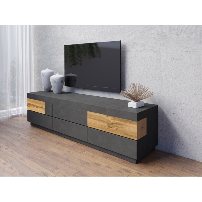 Meuble TV XL 200cm collection KILES. Coloris gris anthracite et chêne. Style design.