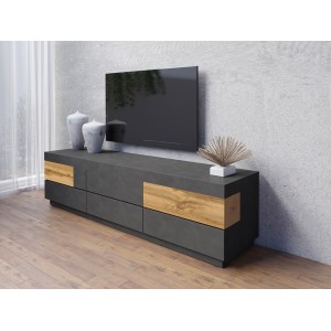 Meuble TV XL 200cm collection KILES. Coloris gris anthracite et chêne. Style design.