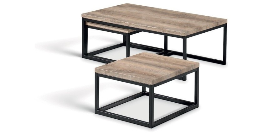 Table d'appoint style industriel HELLINGTON effet vieux chêne - Table basse - Ensemble 3 pièces