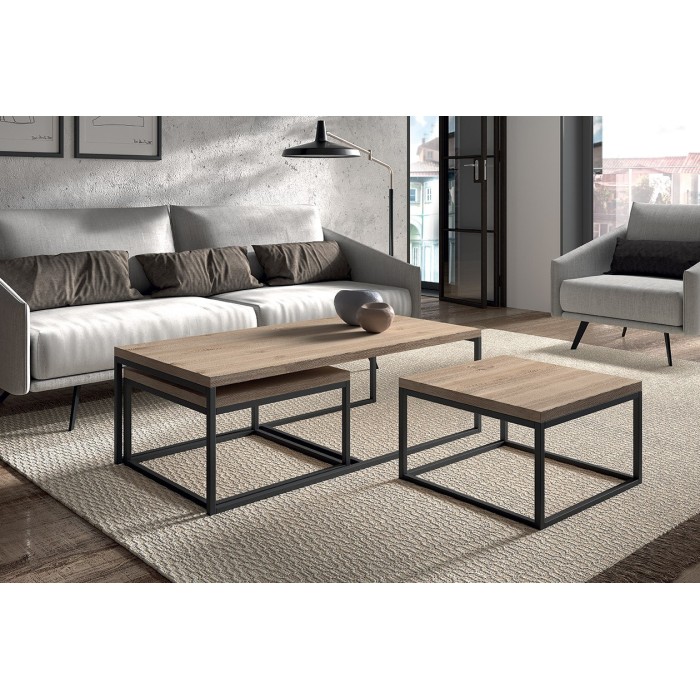 Table d'appoint style industriel HELLINGTON effet vieux chêne - Table basse - Ensemble 3 pièces