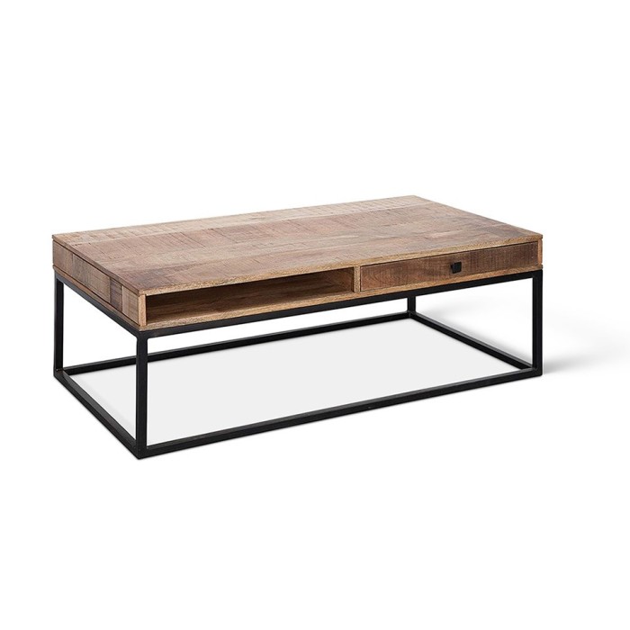 Table basse GOA en bois massif style industriel. Table en bois massif avec niche et tiroir.
