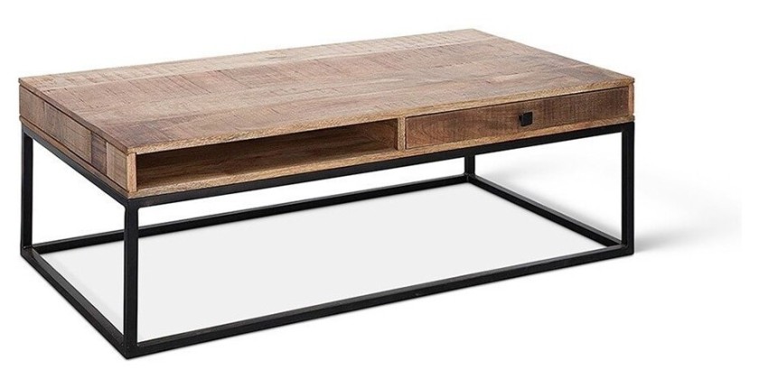 Table basse GOA en bois massif style industriel. Table en bois massif avec niche et tiroir.
