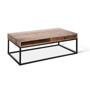 Table basse GOA en bois massif style industriel. Table en bois massif avec niche et tiroir.
