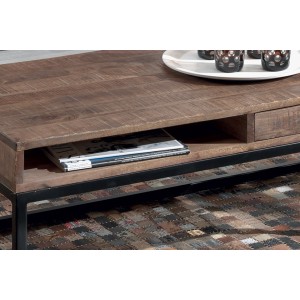 Table basse GOA en bois massif style industriel. Table en bois massif avec niche et tiroir.