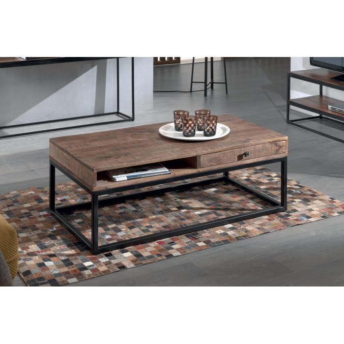 Table basse GOA en bois massif style industriel. Table en bois massif avec niche et tiroir.
