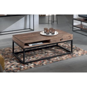 Table basse GOA en bois massif style industriel. Table en bois massif avec niche et tiroir.