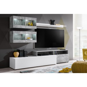 Ensemble salon SLITE. Composition TV murale coloris blanc et gris effet béton. LED incluses.
