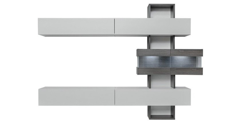 Ensemble salon TOKO. Composition TV murale coloris blanc et bois. LED incluses.