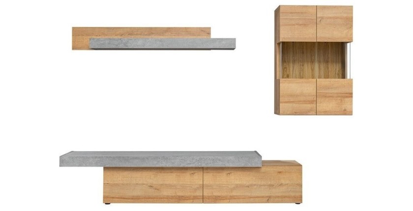 Ensemble salon ALLURE. Composition TV murale coloris bois et gris effet béton. LED incluses.