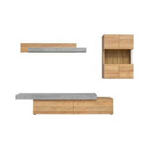 Ensemble salon ALLURE. Composition TV murale coloris bois et gris effet béton. LED incluses.